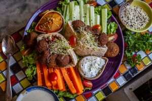 Vegan Pitta with Falafel balls, veggie sticks, two dip sauces: tzatziki and hummus.
Price THB 240 at Wild Tribe Cafe in Koh Samui