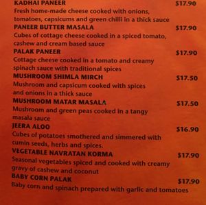 vegetarian menu options  at Bombay Palace in Queenstown