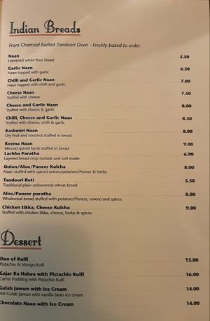 Indian Breads menu at Bombay Palace in Queenstown