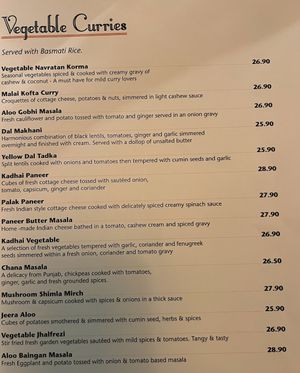 Vegetable Curries Menu at Bombay Palace in Queenstown