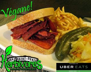 Vegan Montreal Smoked Meat Sandwich! at Herbivores Marche Vegetalien in Montreal
