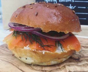 Salmon to Love 
vegan smoked 'salmon' carrot, cream 'cheese', red onion, capers and fresh dill at Queen Picnic - Food Stall in London