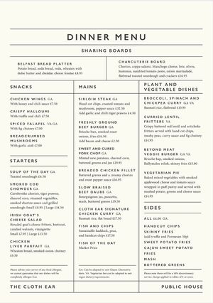 Dinner menu per October 2023 at The Cloth Ear in Belfast