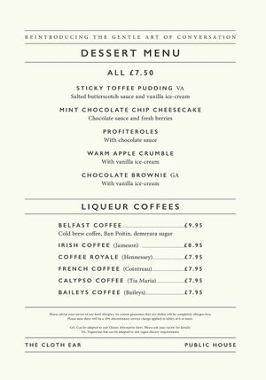 Dessert menu per October 2023 at The Cloth Ear in Belfast