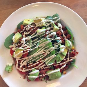 Taco Salad at Nulife Living Food Cafe. On the menu it says 'taco meat', but it's actually pecans, spices etc. mixed together to make a delicious taco-tasting topping. This is a must have. at Nulife Living Food Cafe in Coquitlam