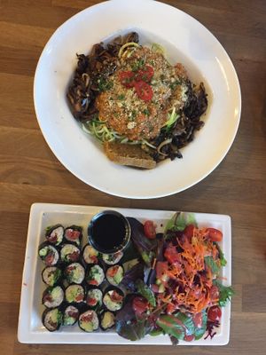 Bolognese + cilantro sushi = happy me. at Nulife Living Food Cafe in Coquitlam