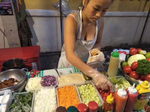 Making the falafel at Queen Falafel in Pai