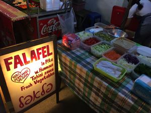 Sign, and fresh veggies! at Queen Falafel in Pai