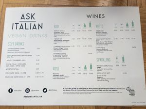 Separate vegan drinks menu at ASK Italian in Wetherby