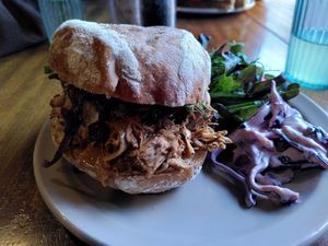 Pulled jackfruit bun - slaw is vegan at The Fuchsia Caffe in Tenby