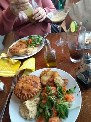 coronation pie, with Sautéed potatoes and salad. Martini expresso and cuba libre at The Fuchsia Caffe in Tenby