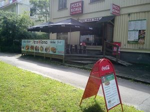 Outside the restaurant. There are nice seats outside the restaurant for sunny days. at Pizza Roma in Gothenburg