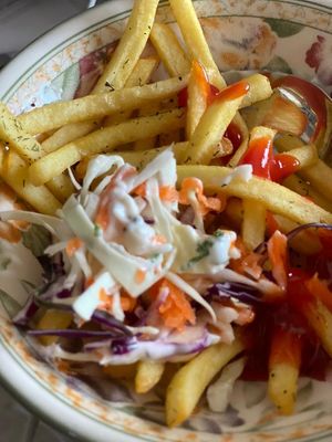 The Hotdog via Grabfood delivery, comes with fries, coleslaw, chilli sauce, tomato sauce at Sala - Hartamas in Kuala Lumpur