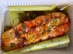 Hotdog via Grabfood delivery, comes with fries, coleslaw, chilli sauce, tomato sauce at Sala - Hartamas in Kuala Lumpur