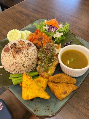 Ramadan special: Hericium Mushroom Geprek -RM26 white rice, long beans, cucumber slices, fried tofu, tempeh & soup at Sala - Hartamas in Kuala Lumpur