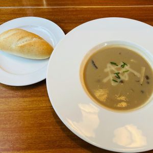 Soymilk mushroom soup with bread  at Disneyland - Eastside Cafe in Tokyo