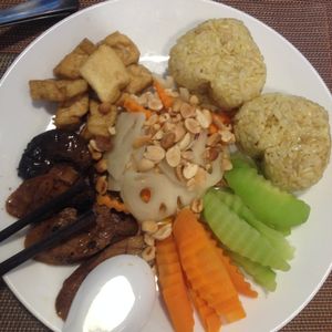 Yummy rice and veggie plate at Spring Lotus - Duong Sinh Chay in Hanoi