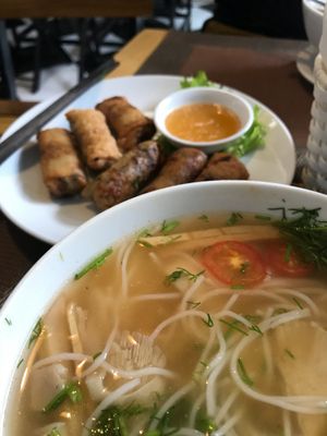 Spring rolls and a breakfast soup at Spring Lotus - Duong Sinh Chay in Hanoi