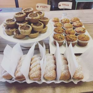 Pecan tarts, banana chocolate chip muffins, raspberry shortcakes  at Aziz Fruitstand  in Leamington
