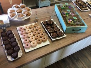 brownies, donuts, raspberry streusel cakes, Easter chocolates   at Aziz Fruitstand  in Leamington