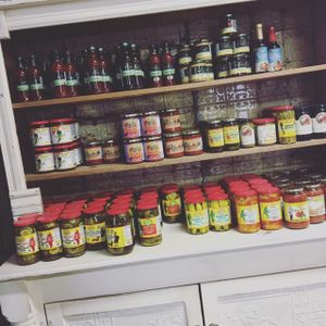 pickles, salsa, pickled beets, jalapeños, fire roasted ketchup  at Aziz Fruitstand  in Leamington