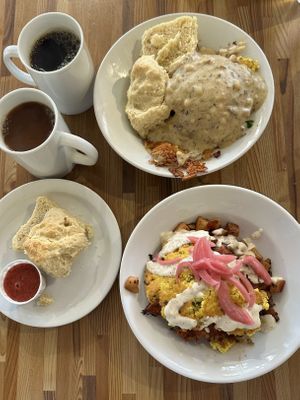 tofu scramble w/ jackfruit brisket & Miami potatoes, biscuits & gravy over tofu scramble and hash-browns.   at Off The Griddle - Southeast in Portland