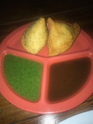 Potato samosas with mint sauce & tamarind sauce at Namaste India in Cabo San Lucas