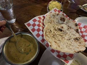 Vegan dal, garlic naan, spiced rice at Namaste India in Cabo San Lucas