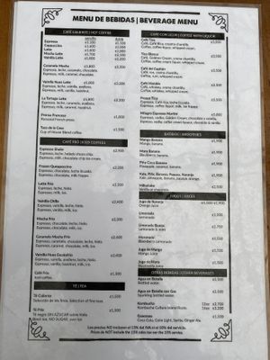 Drinks menu   at El Patio de Cafe Milagro  in Manuel Antonio