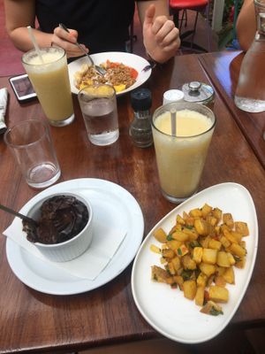 Smoothie, potatoes, avocado pudding  at El Patio de Cafe Milagro  in Manuel Antonio