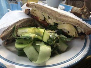 Artichoke sandwich - be warned it’s one of the biggest sandwiches I’ve ever eaten! But delicious  at Cafe Bastet in Jerusalem