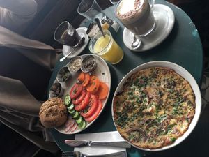 Vegan breakfast with pea omelette and veggies, chai latte and fresh pressed juice (56 shekels ) at Cafe Bastet in Jerusalem