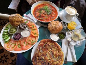 Vegan breakfast and vegan shakshuka  at Cafe Bastet in Jerusalem