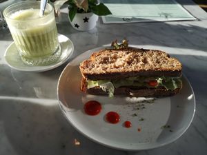 Avocado toast and matcha with oat milk at The Green in Nuremberg