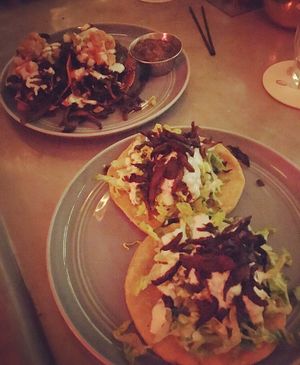 Left: Mezcal mushroom tacos     Right: Pupusas.  at Jajaja Mexicana - Lower East Side in New York City