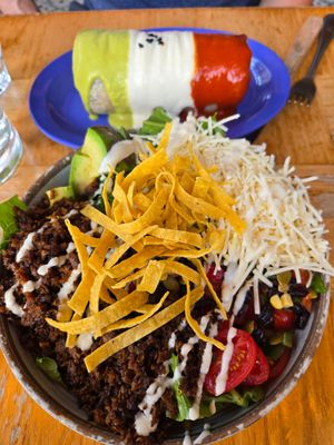 Chorizo burrito and Taco Tazon Salad at Jajaja Mexicana - Lower East Side in New York City
