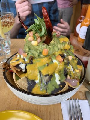 These are the nachos. Note the devil's horn. Fabulous food. at Jajaja Mexicana - Lower East Side in New York City