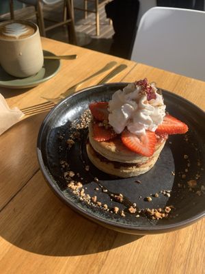 Vegan crumpets and latte   at Conscious Cravings Co in Mordialloc