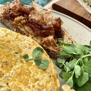 Omelette with rice paper bacon  at Conscious Cravings Co in Mordialloc