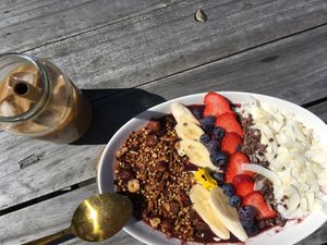 Açai Bowl and Iced Latte at Conscious Cravings Co in Mordialloc