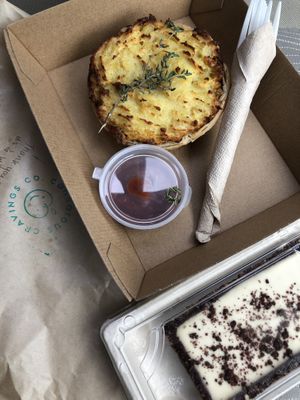 Shepherd lentil pie and cookies and cream tart ($20) at Conscious Cravings Co in Mordialloc