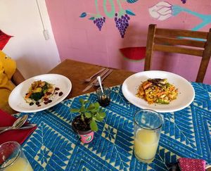 Curried rice and veggies with mashed potatoes at Suwa Restaurante Vegano in Queretaro