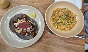 Yakimeshi and oven roasted mushroom/potato ragou on blue corn tortillas at Suwa Restaurante Vegano in Queretaro