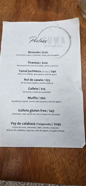 Menu postres Dec. 26, 2025 at Suwa Restaurante Vegano in Queretaro