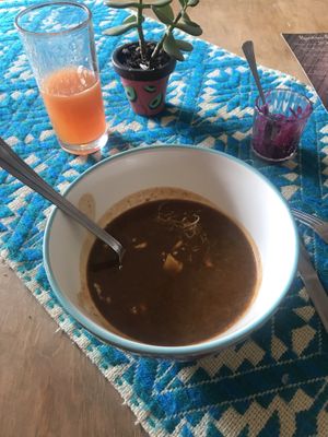 Black frijoles and Chile ancho soup at Suwa Restaurante Vegano in Queretaro