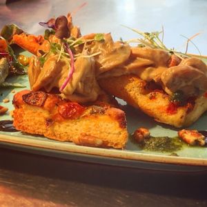 Vegan Bruschetta. Coconut Mushrooms on Sundried Tomato Focaccia at No Three Old Bar & Restaurant in Collon
