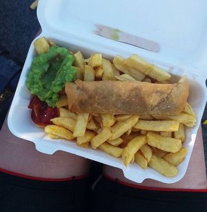 Haggis, mushy peas and chips at Land and Sea Fish and Chip Shop in Polmont