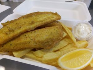Vegan Vish & Chips served with Ta Ta Sauce and Fresh Lemon freshly cooked in Pure Sunflower Oil at Land and Sea Fish and Chip Shop in Polmont