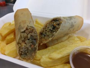 Veggie Haggis in a crispy Spring Roll served with chips at Land and Sea Fish and Chip Shop in Polmont