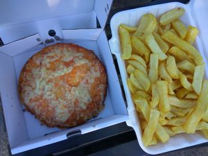Deep fried pizza supper at Land and Sea Fish and Chip Shop in Polmont